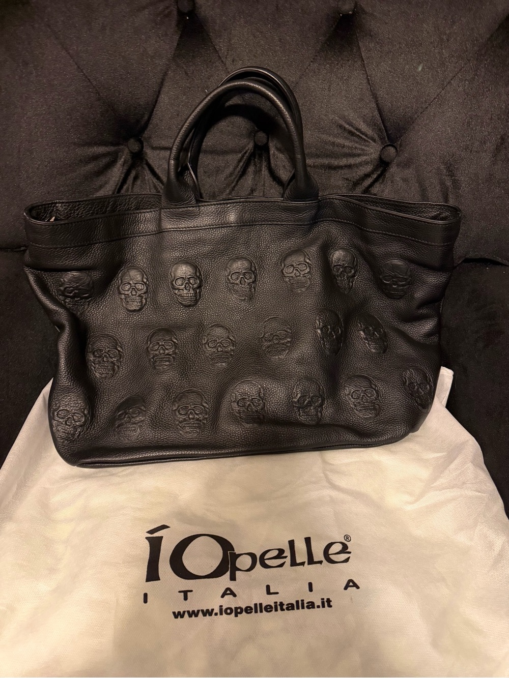 IO PELLE Skull Embossed Blck Leather Tote Bag XL